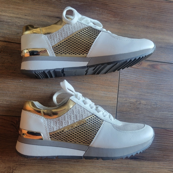 MICHAEL KORS Allie Extreme Mixed-Media Trainer Sneakers Gold/White Size 7 - Picture 12 of 13